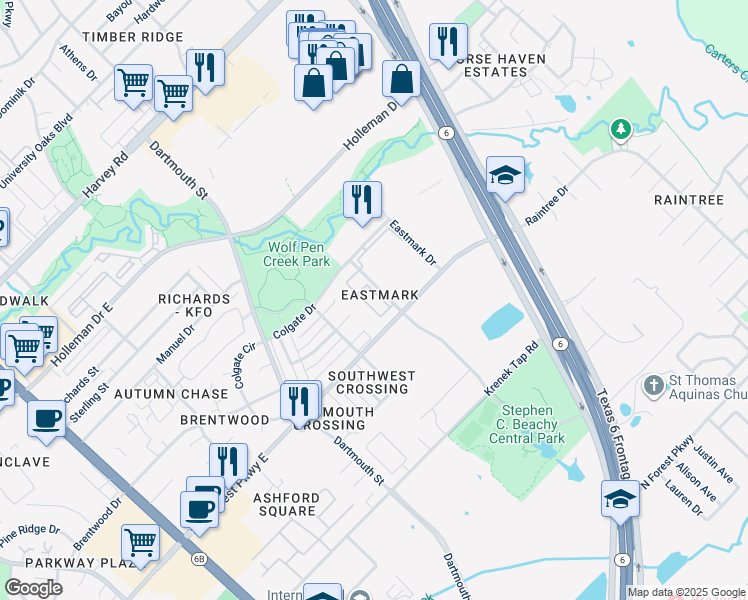 map of restaurants, bars, coffee shops, grocery stores, and more near 2400 Central Park Lane in College Station