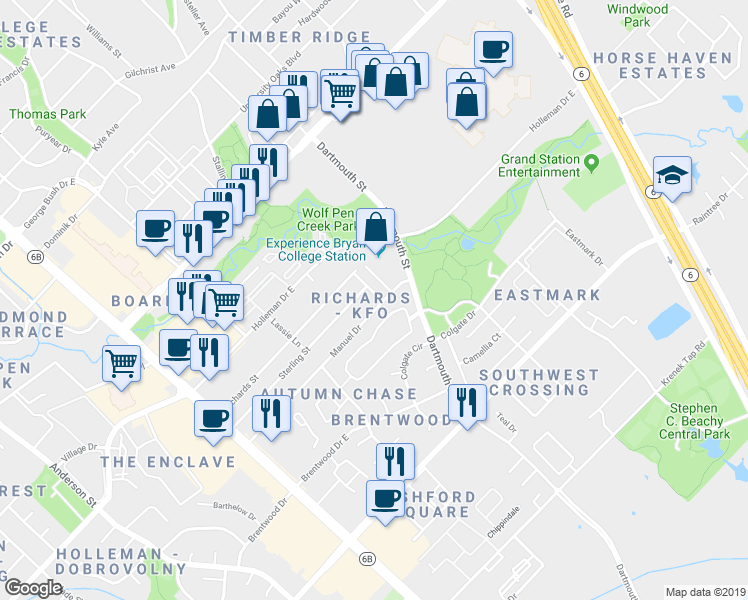 map of restaurants, bars, coffee shops, grocery stores, and more near 2207 Crest Street in College Station