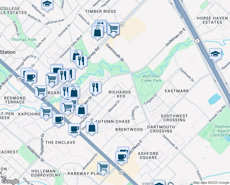 map of restaurants, bars, coffee shops, grocery stores, and more near 309 Sterling Street in College Station