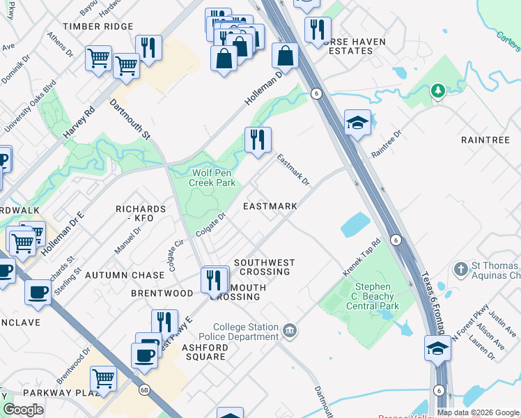 map of restaurants, bars, coffee shops, grocery stores, and more near 2400 Central Park Lane in College Station