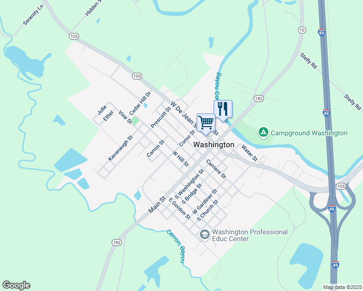 map of restaurants, bars, coffee shops, grocery stores, and more near 201-205 Carriere Street in Washington