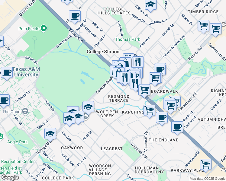 map of restaurants, bars, coffee shops, grocery stores, and more near 1614 Armistead Street in College Station
