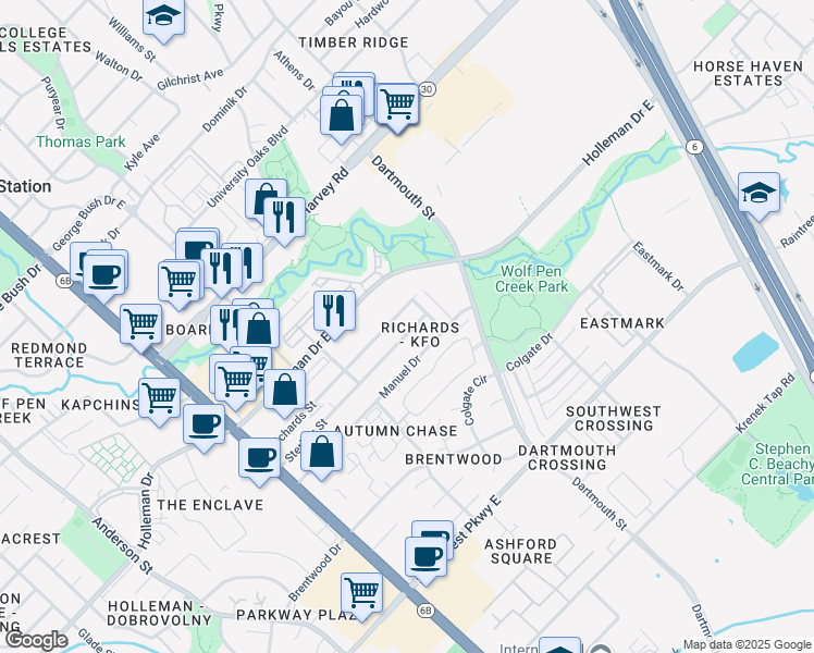 map of restaurants, bars, coffee shops, grocery stores, and more near 309 Sterling Street in College Station