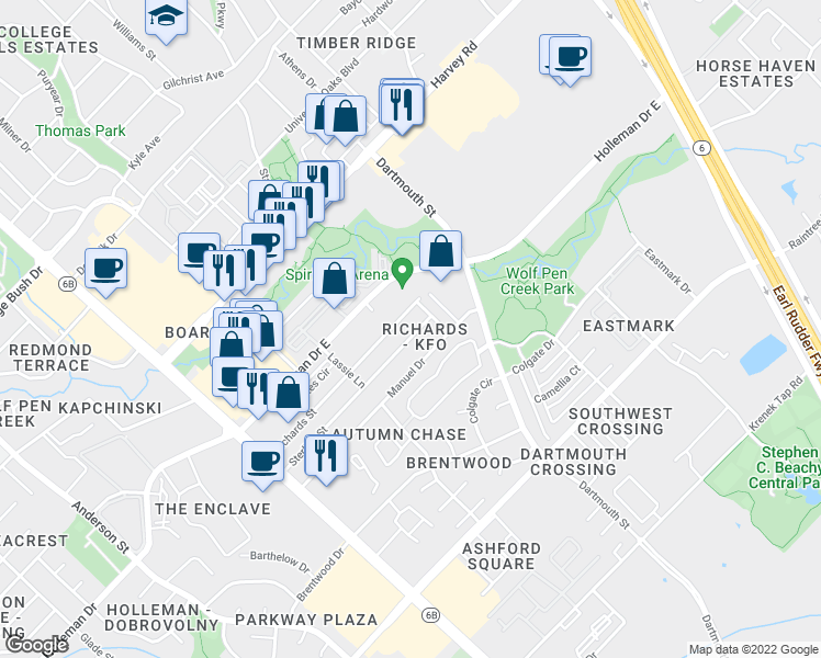 map of restaurants, bars, coffee shops, grocery stores, and more near 307 Sterling Street in College Station