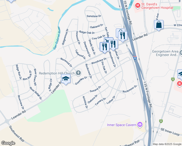 map of restaurants, bars, coffee shops, grocery stores, and more near 211 Woodstone Drive in Georgetown