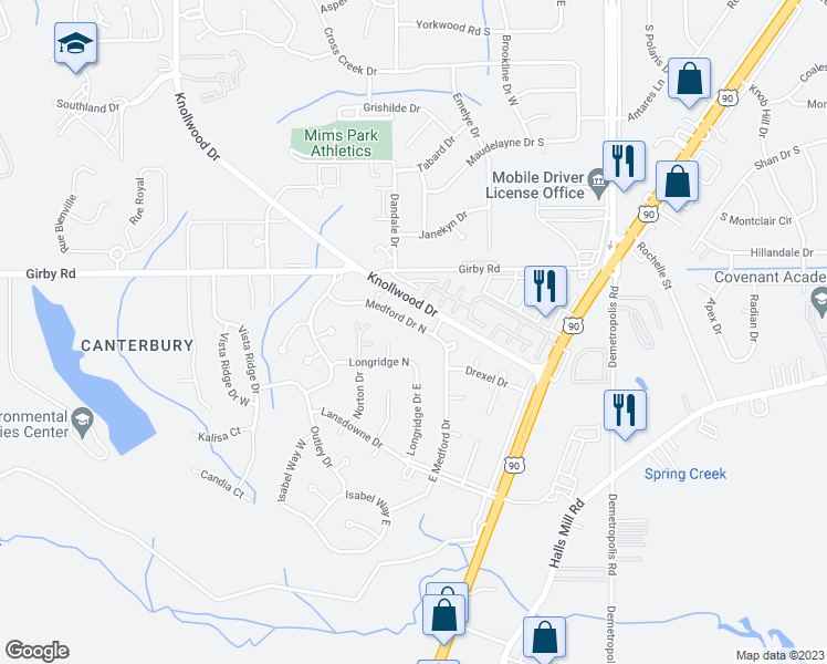 map of restaurants, bars, coffee shops, grocery stores, and more near 5308 Medford Drive North in Mobile