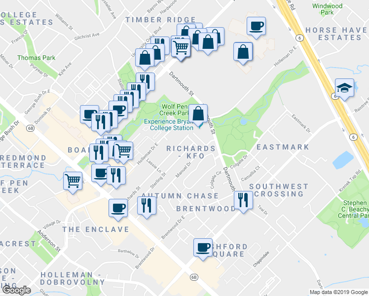 map of restaurants, bars, coffee shops, grocery stores, and more near 309 Sterling Street in College Station