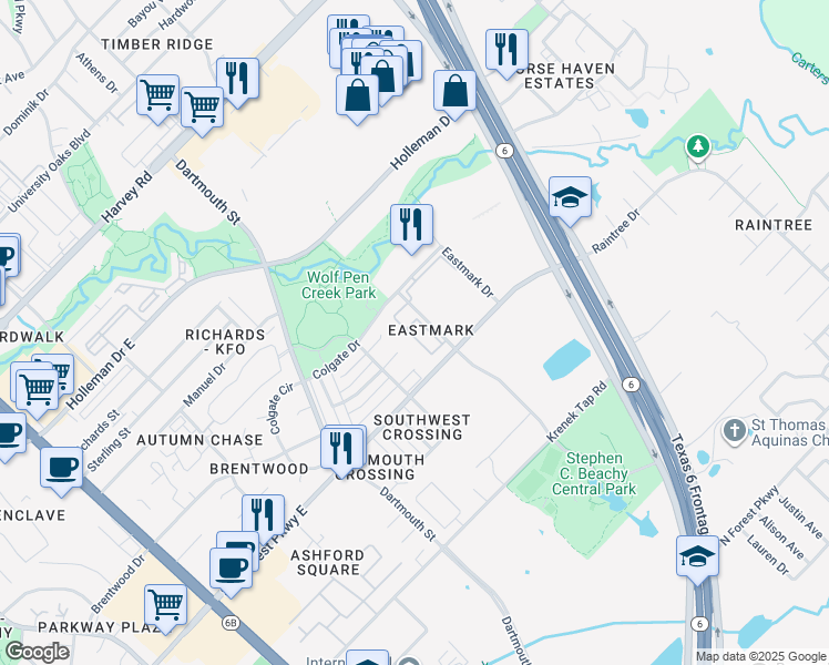 map of restaurants, bars, coffee shops, grocery stores, and more near 2400 Central Park Lane in College Station