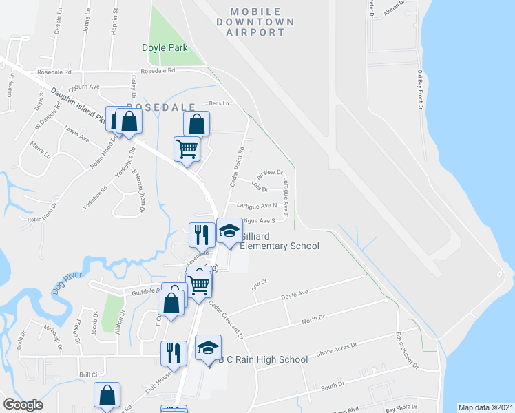 map of restaurants, bars, coffee shops, grocery stores, and more near 1550 Lartigue Avenue North in Mobile