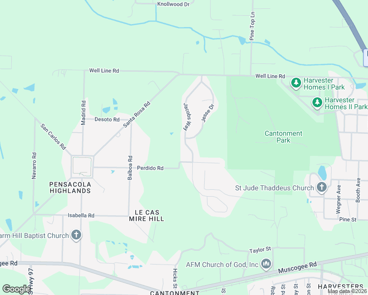 map of restaurants, bars, coffee shops, grocery stores, and more near 896 Jacobs Way in Cantonment