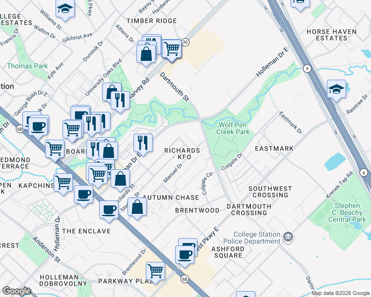 map of restaurants, bars, coffee shops, grocery stores, and more near 309 Sterling Street in College Station