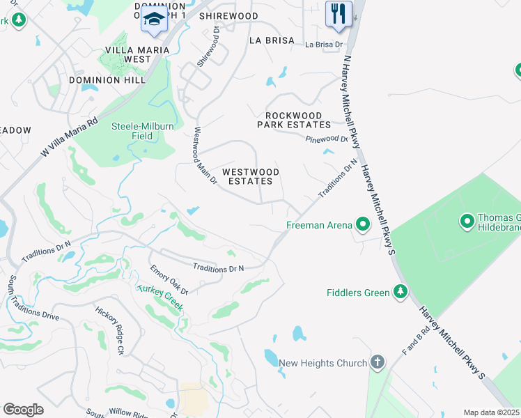 map of restaurants, bars, coffee shops, grocery stores, and more near 3034 Westwood Main Drive in Bryan