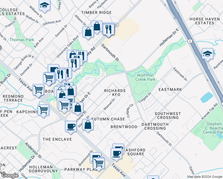 map of restaurants, bars, coffee shops, grocery stores, and more near 309 Sterling Street in College Station
