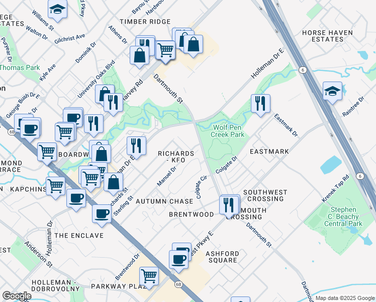 map of restaurants, bars, coffee shops, grocery stores, and more near 2207 Crest St in College Station