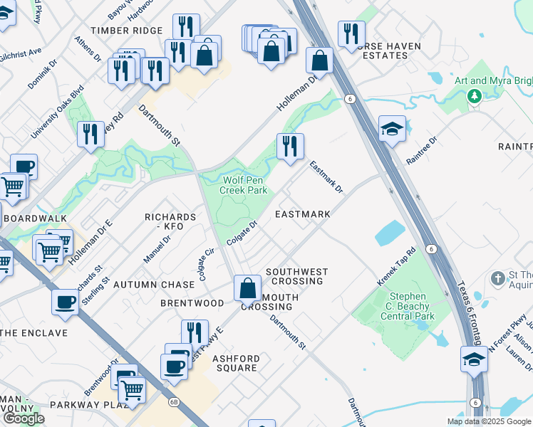 map of restaurants, bars, coffee shops, grocery stores, and more near 2005 Colgate Drive in College Station