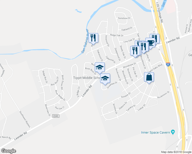 map of restaurants, bars, coffee shops, grocery stores, and more near 100 Riverwood Dr in Georgetown