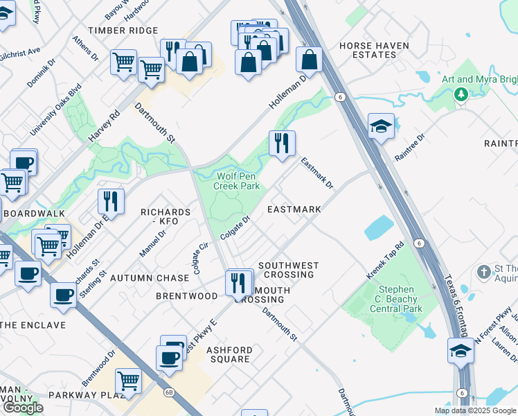 map of restaurants, bars, coffee shops, grocery stores, and more near 2005 Colgate Drive in College Station