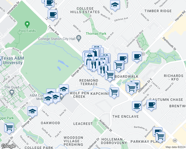 map of restaurants, bars, coffee shops, grocery stores, and more near 1460 Milliff Road in College Station