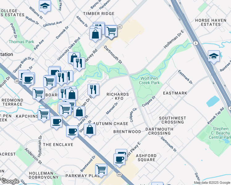 map of restaurants, bars, coffee shops, grocery stores, and more near 309 Sterling Street in College Station
