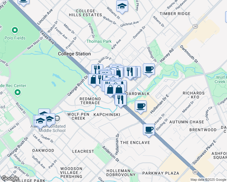 map of restaurants, bars, coffee shops, grocery stores, and more near 1701 Texas Avenue South in College Station