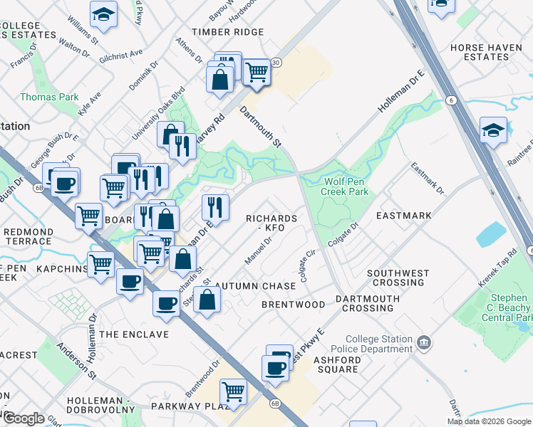 map of restaurants, bars, coffee shops, grocery stores, and more near 309 Sterling Street in College Station