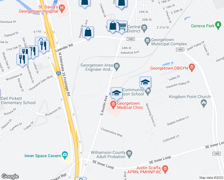 map of restaurants, bars, coffee shops, grocery stores, and more near 101 Madison Oaks Avenue in Georgetown