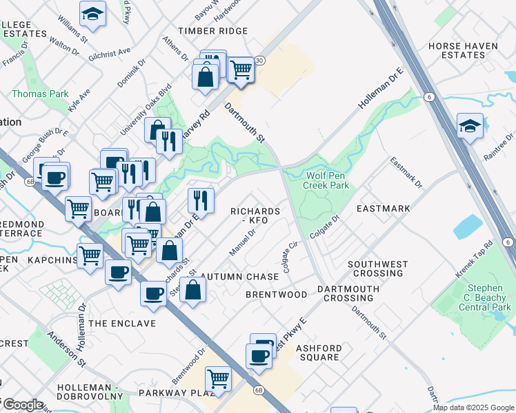 map of restaurants, bars, coffee shops, grocery stores, and more near 309 Sterling Street in College Station