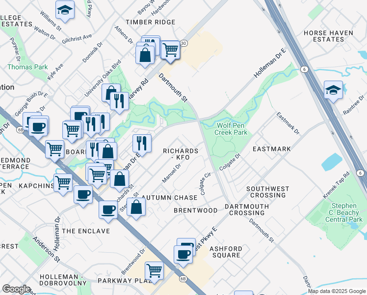 map of restaurants, bars, coffee shops, grocery stores, and more near 309 Sterling Street in College Station