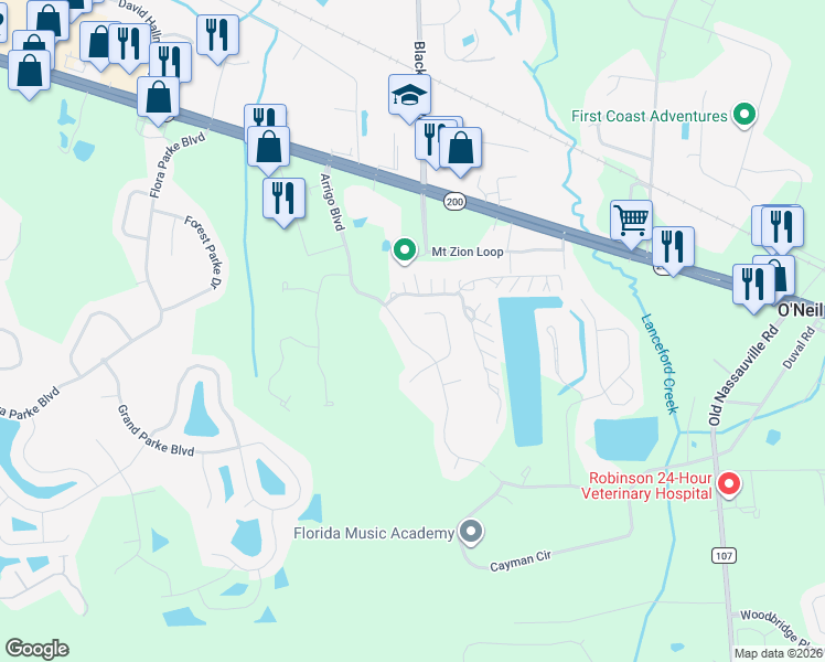 map of restaurants, bars, coffee shops, grocery stores, and more near 23747 Arrigo Boulevard in Fernandina Beach