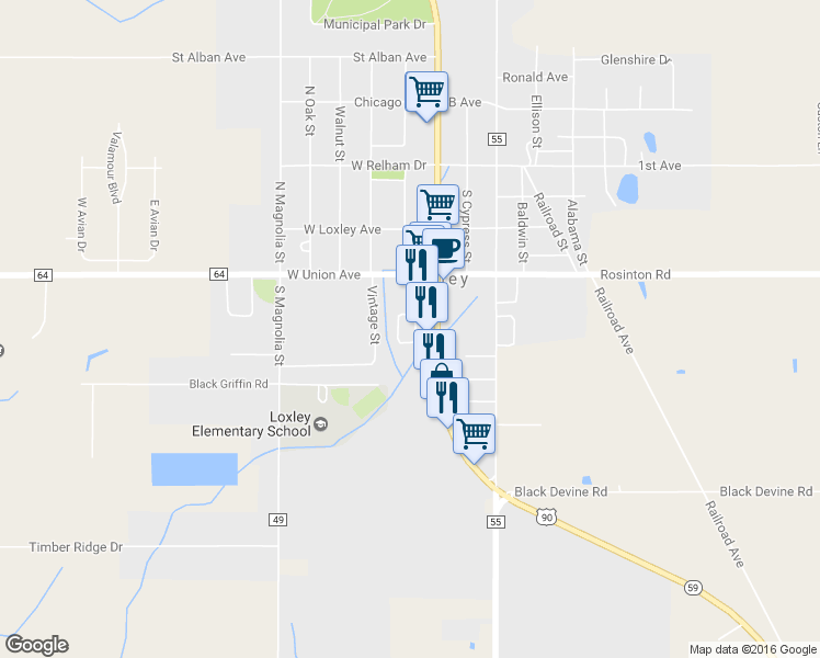 map of restaurants, bars, coffee shops, grocery stores, and more near 3800 Hickory Street in Loxley