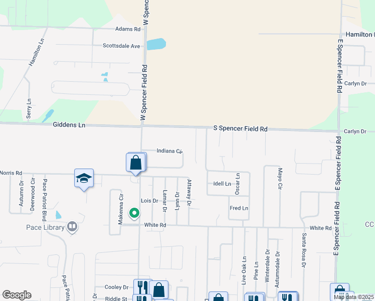 map of restaurants, bars, coffee shops, grocery stores, and more near 4313 Indiana Circle in Pace