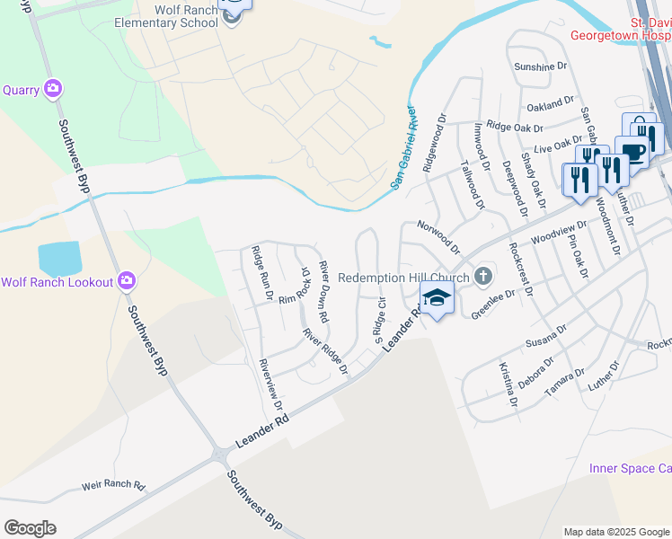 map of restaurants, bars, coffee shops, grocery stores, and more near 316 South Ridge Circle in Georgetown