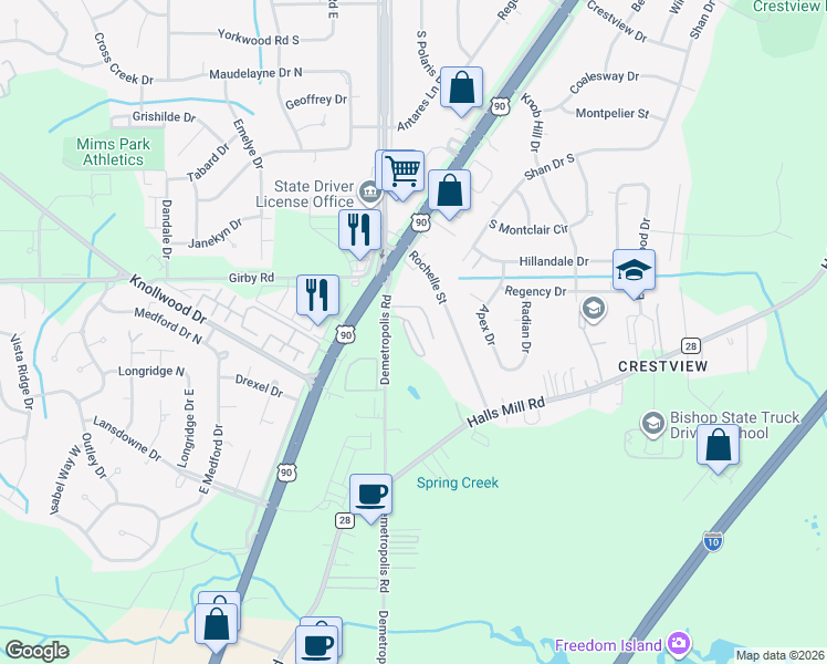 map of restaurants, bars, coffee shops, grocery stores, and more near 3651-3701 Demetropolis Road in Mobile