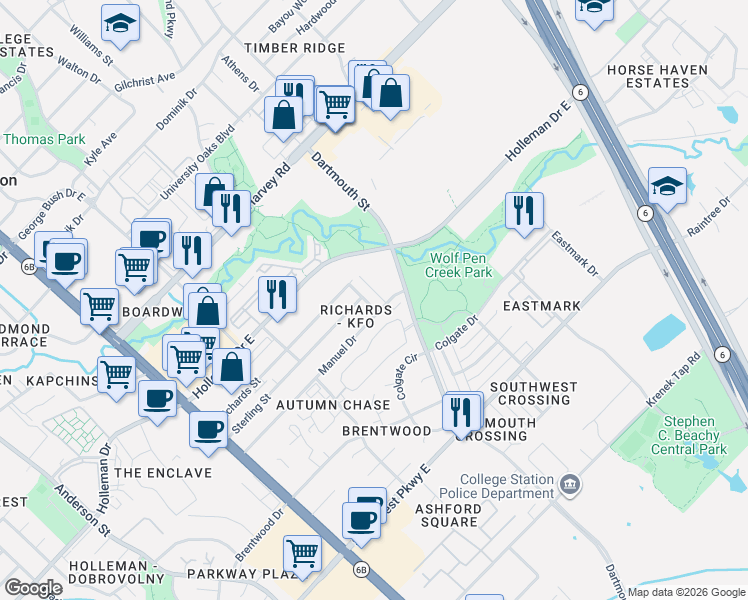 map of restaurants, bars, coffee shops, grocery stores, and more near 2207 Crest Street in College Station