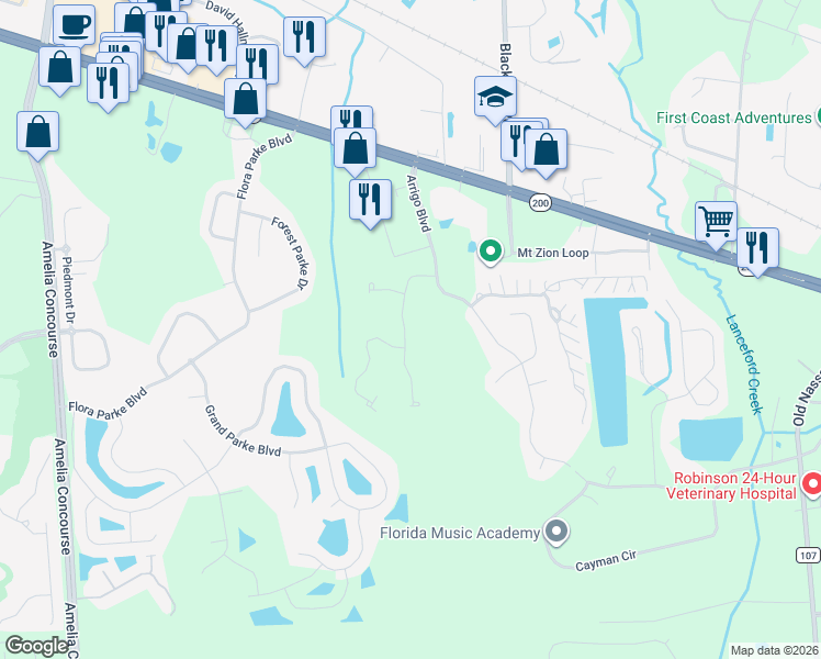 map of restaurants, bars, coffee shops, grocery stores, and more near 96219 Stoney Drive in Fernandina Beach