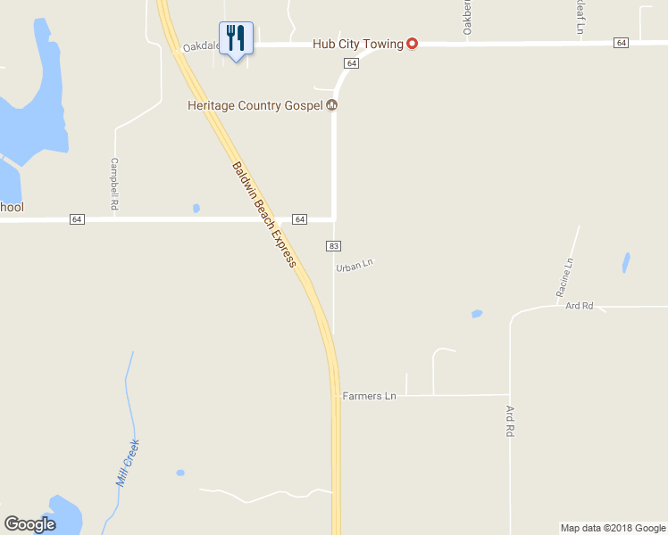 map of restaurants, bars, coffee shops, grocery stores, and more near 26898 County Road 83 in Robertsdale
