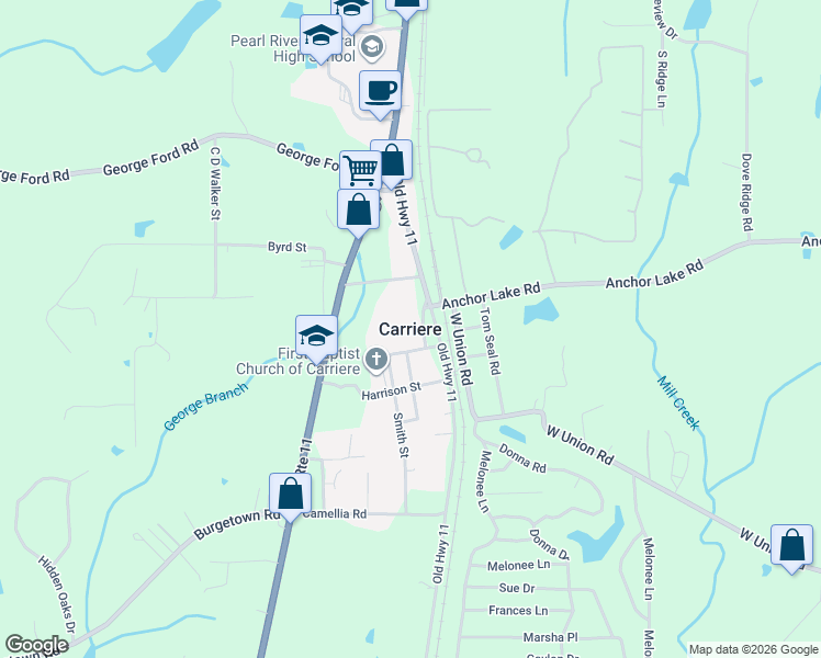 map of restaurants, bars, coffee shops, grocery stores, and more near in Carriere