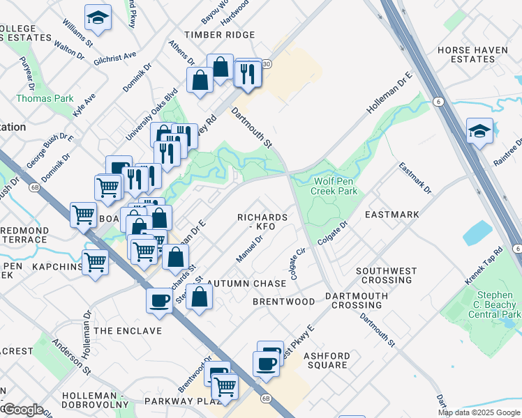 map of restaurants, bars, coffee shops, grocery stores, and more near 311 Sterling Street in College Station