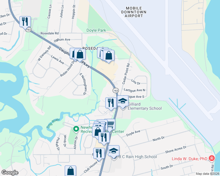 map of restaurants, bars, coffee shops, grocery stores, and more near 2702 Dauphin Island Parkway in Mobile