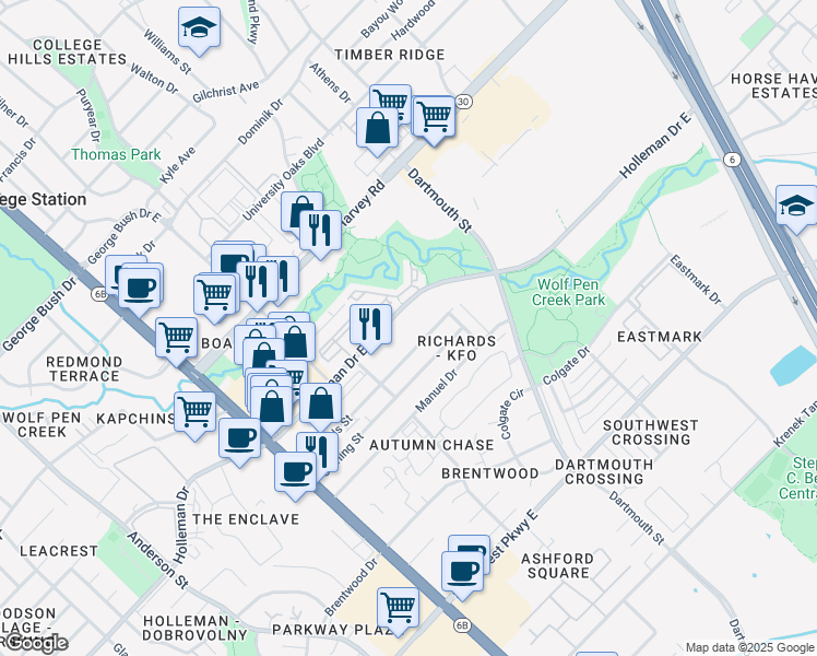 map of restaurants, bars, coffee shops, grocery stores, and more near 304 Holleman Drive East in College Station