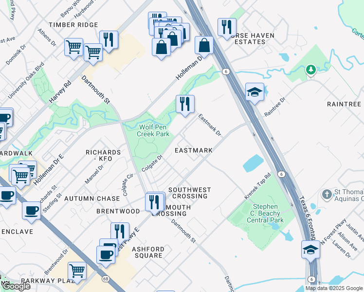 map of restaurants, bars, coffee shops, grocery stores, and more near 2400 Central Park Lane in College Station