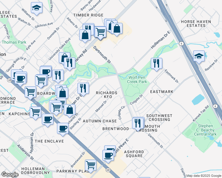 map of restaurants, bars, coffee shops, grocery stores, and more near 2207 Crest Street in College Station