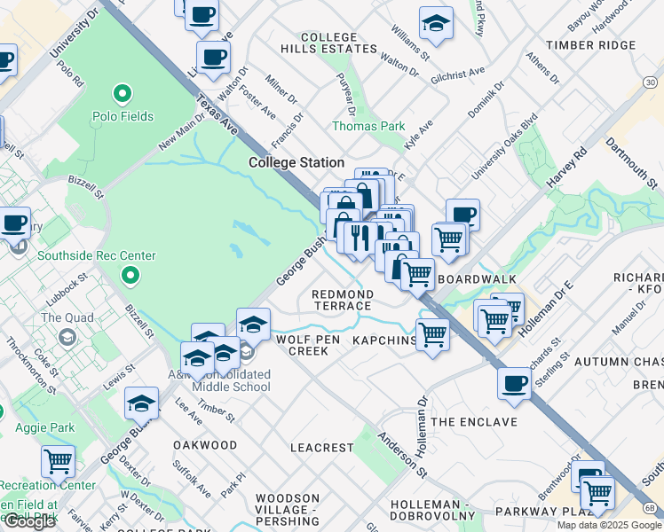 map of restaurants, bars, coffee shops, grocery stores, and more near 1614 Armistead Street in College Station
