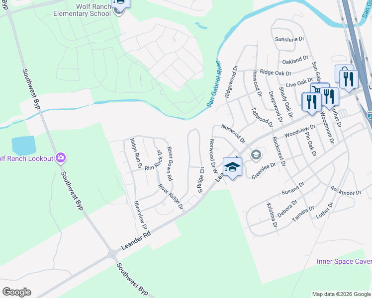 map of restaurants, bars, coffee shops, grocery stores, and more near 316 South Ridge Circle in Georgetown