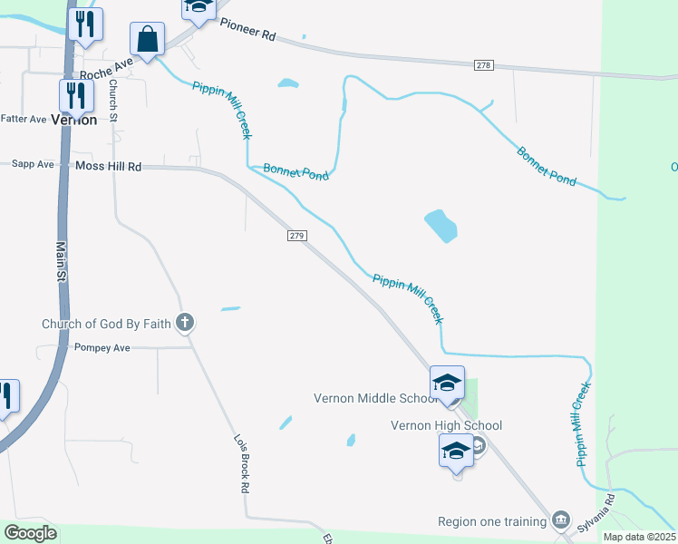 map of restaurants, bars, coffee shops, grocery stores, and more near 3190 Moss Hill Road in Vernon