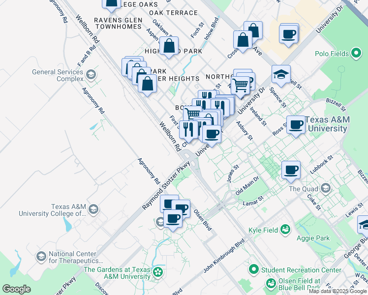 map of restaurants, bars, coffee shops, grocery stores, and more near 100 Church Avenue in College Station