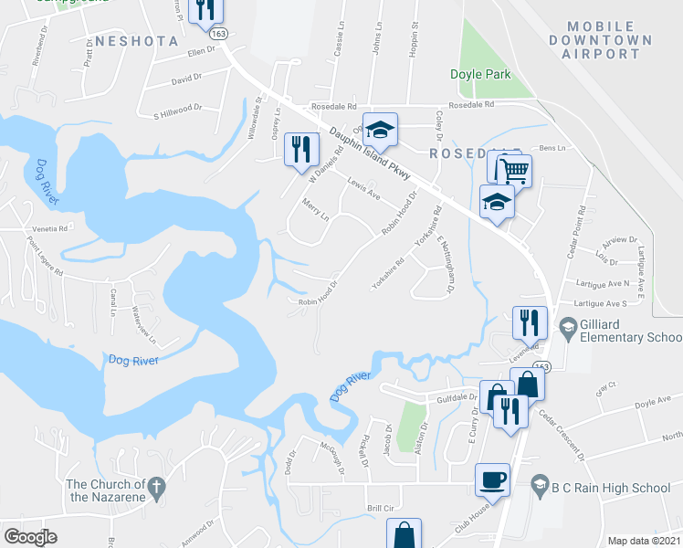 map of restaurants, bars, coffee shops, grocery stores, and more near 2525 Robin Hood Drive in Mobile