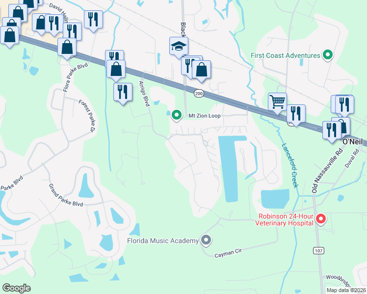 map of restaurants, bars, coffee shops, grocery stores, and more near 23747 Arrigo Boulevard in Fernandina Beach