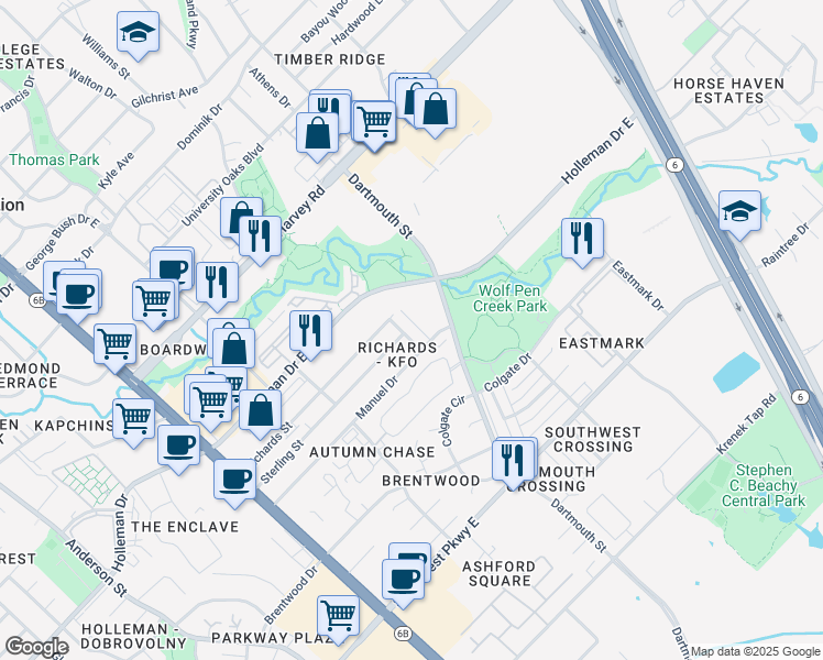 map of restaurants, bars, coffee shops, grocery stores, and more near 2207 Crest Street in College Station