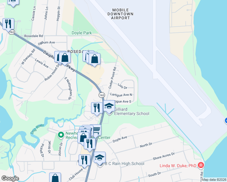 map of restaurants, bars, coffee shops, grocery stores, and more near 1950 Lartigue Avenue North in Mobile